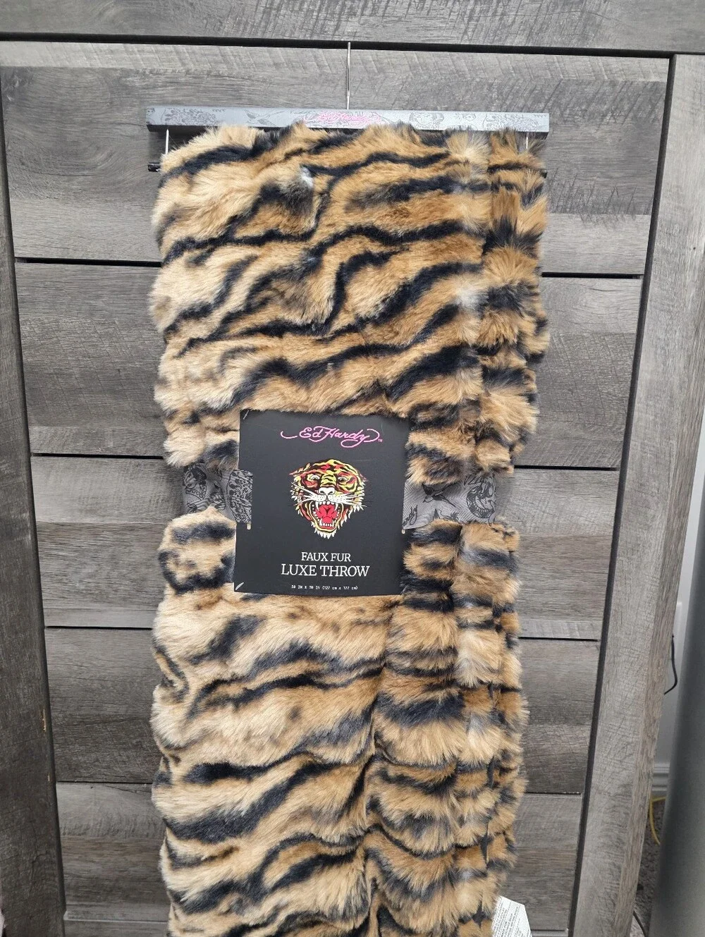Set Of 2 Ed Hardy Faux Fur Luxe Throw Blankets Leopard & Tiger Print
